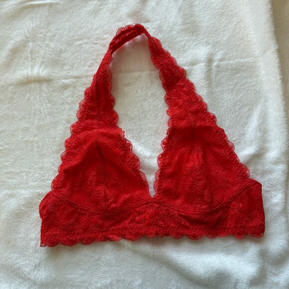 Intimately Free People Bralette Medium Red Lace Plunge Halter Longline Stretch - Picture 5 of 14